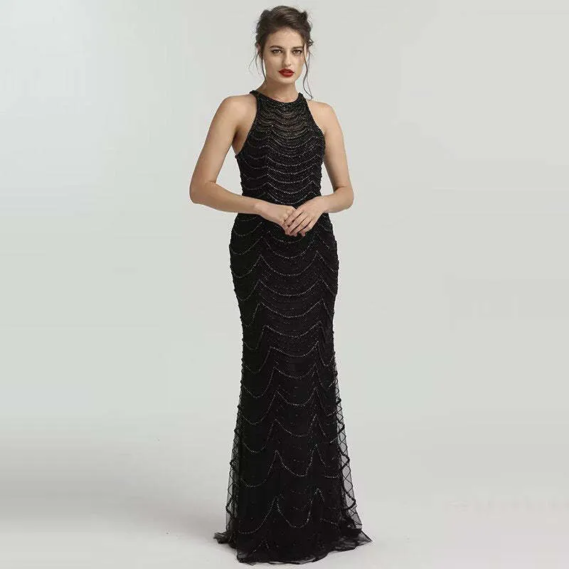 Robe de bal sirène noire sans manches à paillettes pour événements officiels