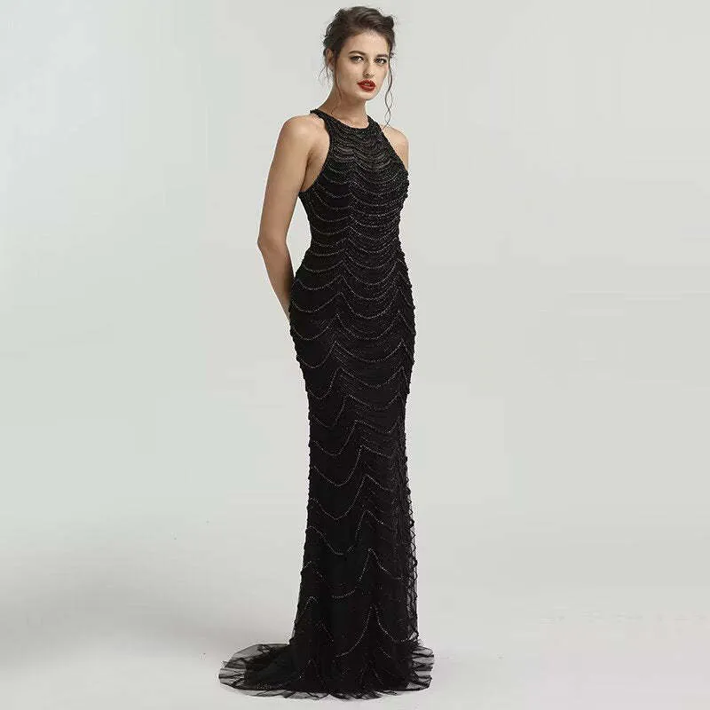 Robe de bal sirène noire sans manches à paillettes pour événements officiels