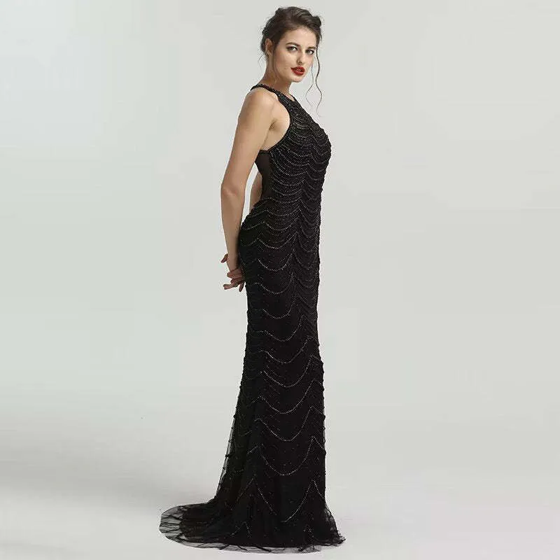 Robe de bal sirène noire sans manches à paillettes pour événements officiels