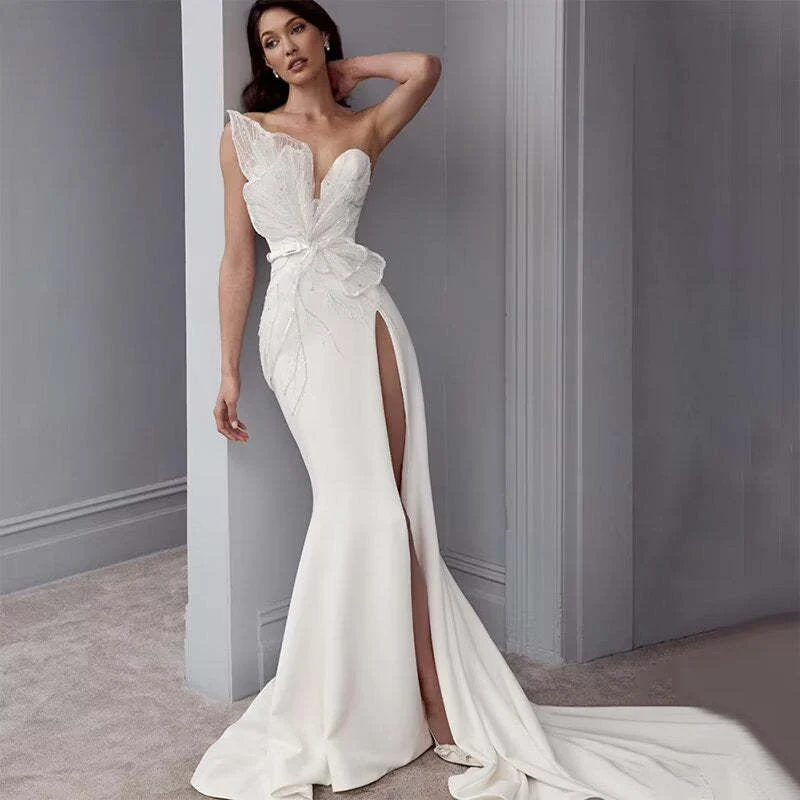 Robe de bal sirène blanche élégante et longue, fendue sur le côté, avec appliques à sequins