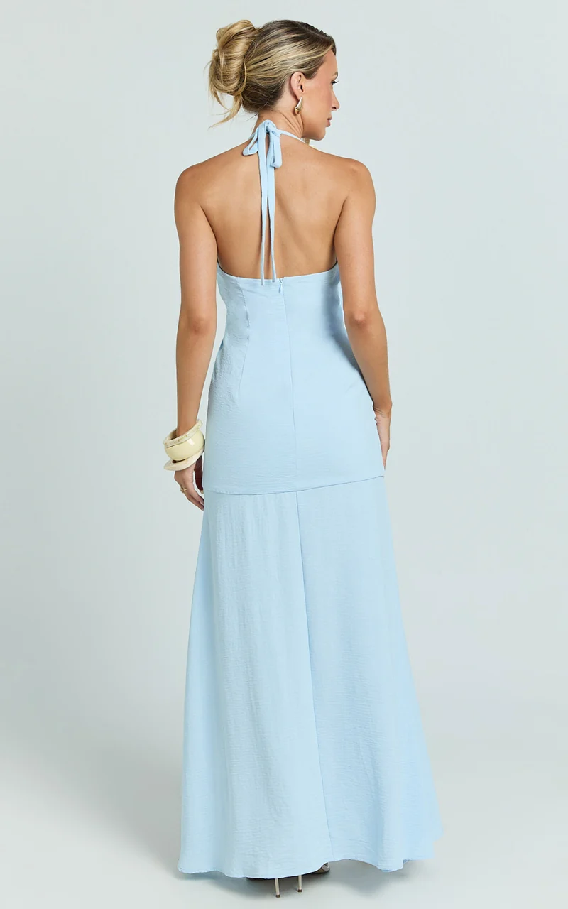 Faye Maxi Dress - Halter Neck Chain Detail Front Draped Leg Split Dress in Blue