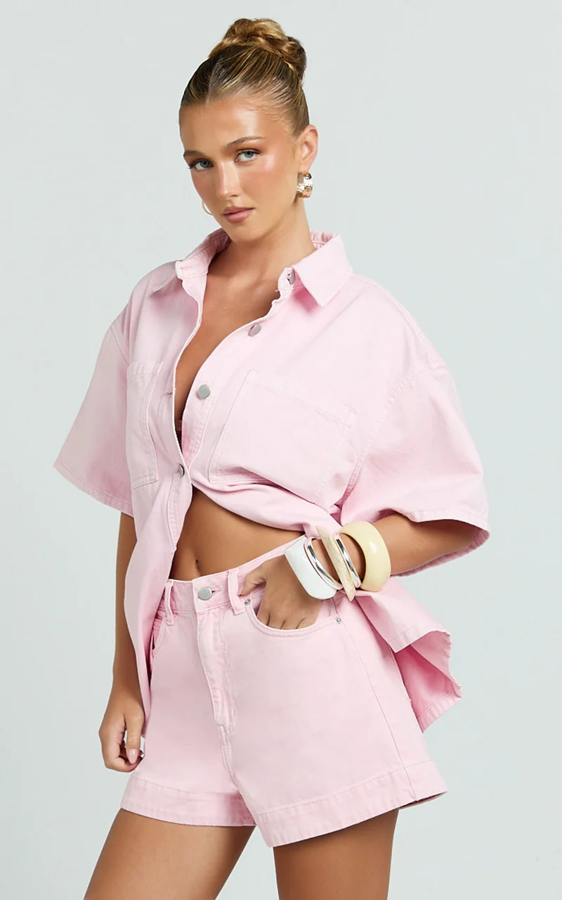 Rhianna Top - Oversized Recycled Denim Short Sleeve Shirt in Pink