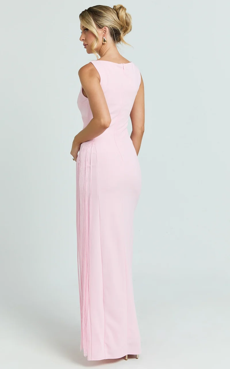 Joanne Maxi Dress - Scoop Neck Fringe Dress in Pink