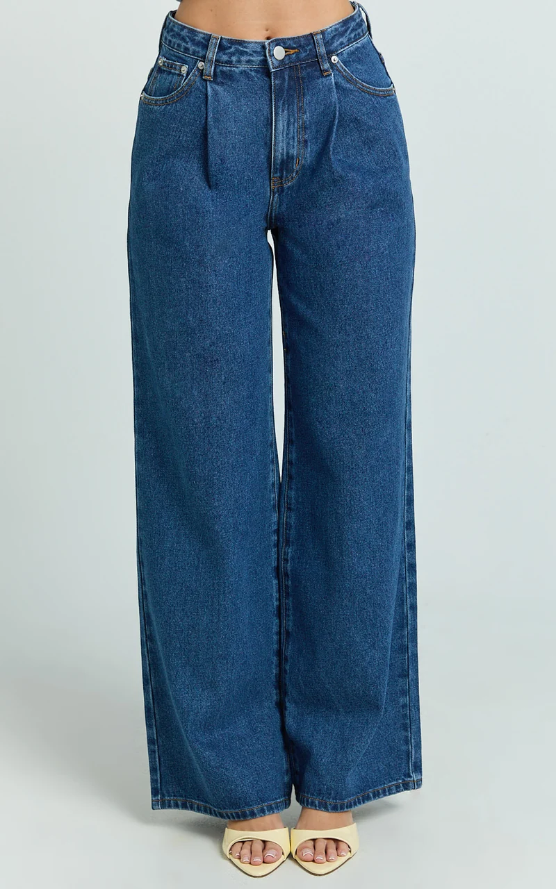 Enya Jeans - High Waist Wide Leg Pleated Denim Jeans in Dark Mid Blue