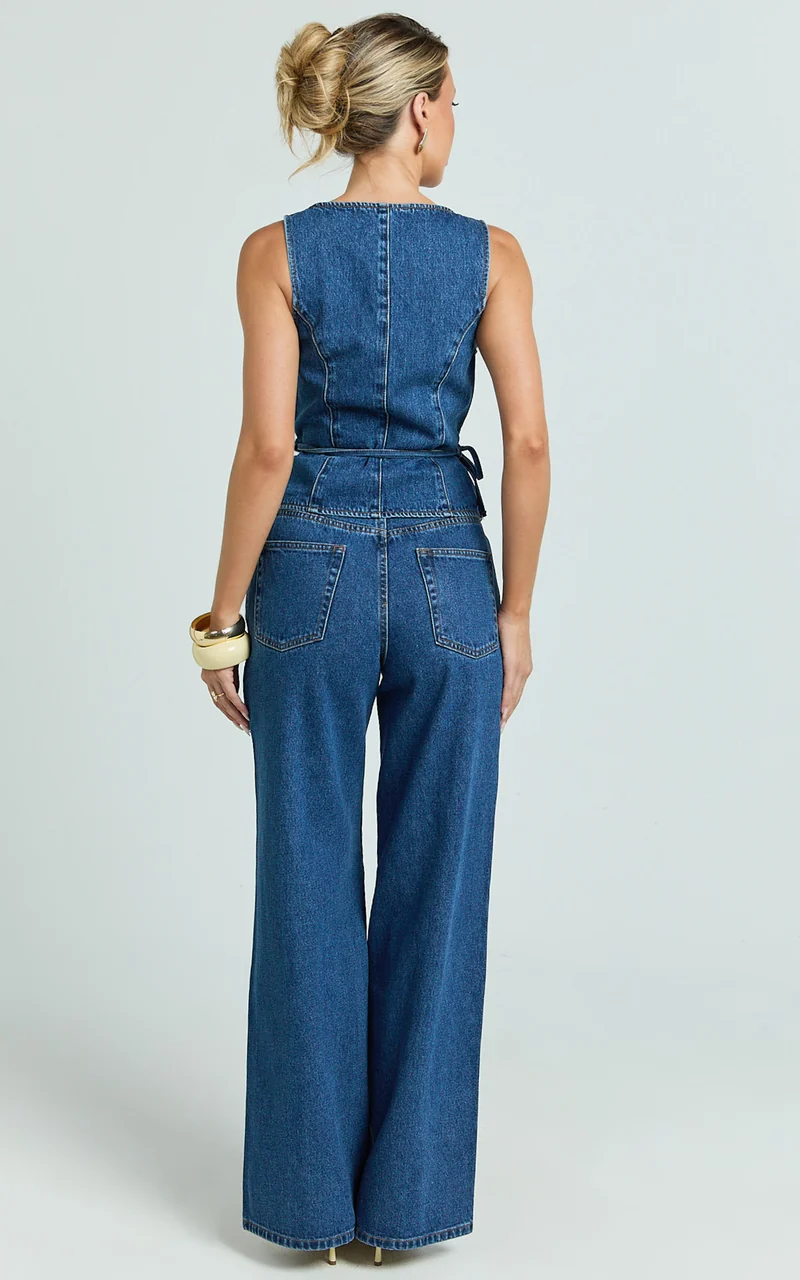 Enya Jeans - High Waist Wide Leg Pleated Denim Jeans in Dark Mid Blue
