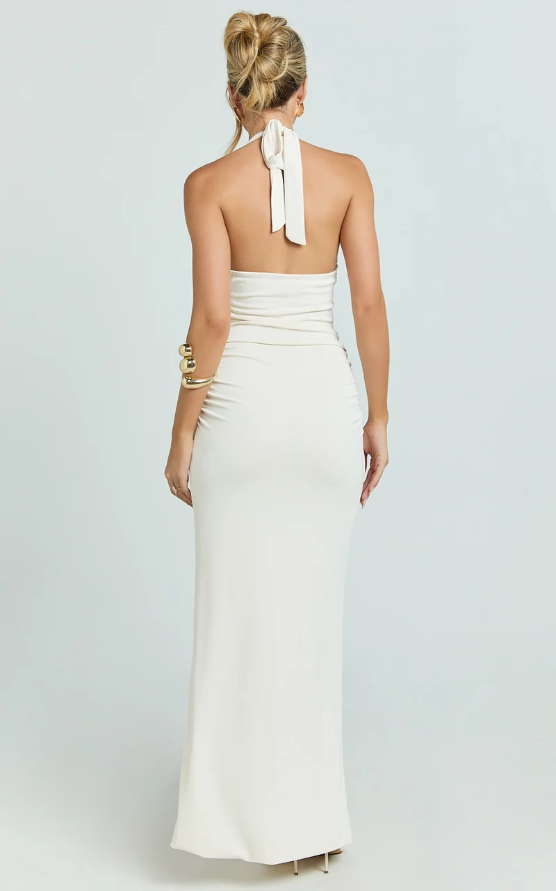 Cleo Maxi Dress - Halter Neck Floral Trim Cut Out Fitted Dress in Ivory