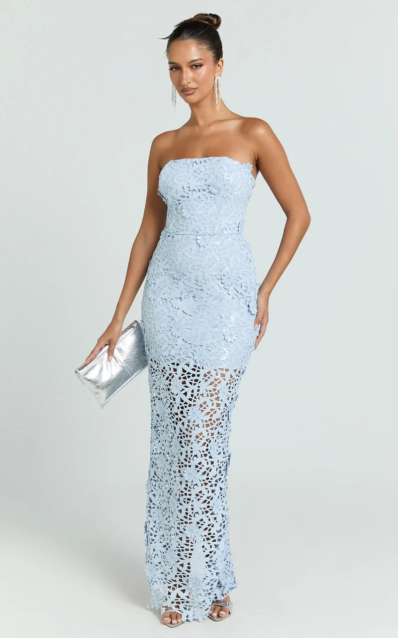 Sabine Maxi Dress - 3D Sequin Floral Strapless in Sky Blue