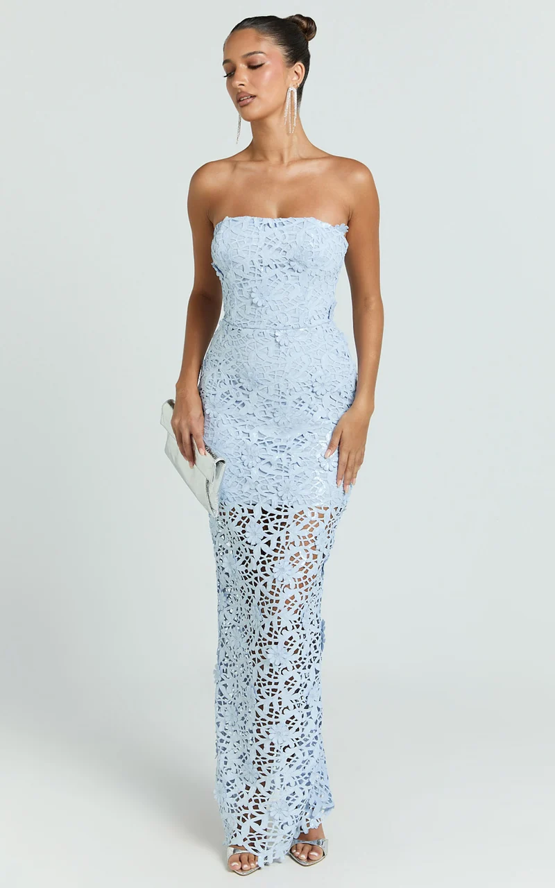 Sabine Maxi Dress - 3D Sequin Floral Strapless in Sky Blue