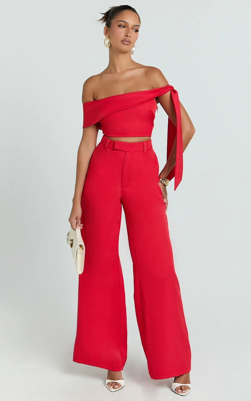 Lily Two Piece Set - Off Shoulder Tie Detail Top and Tailored Pant Set in Red