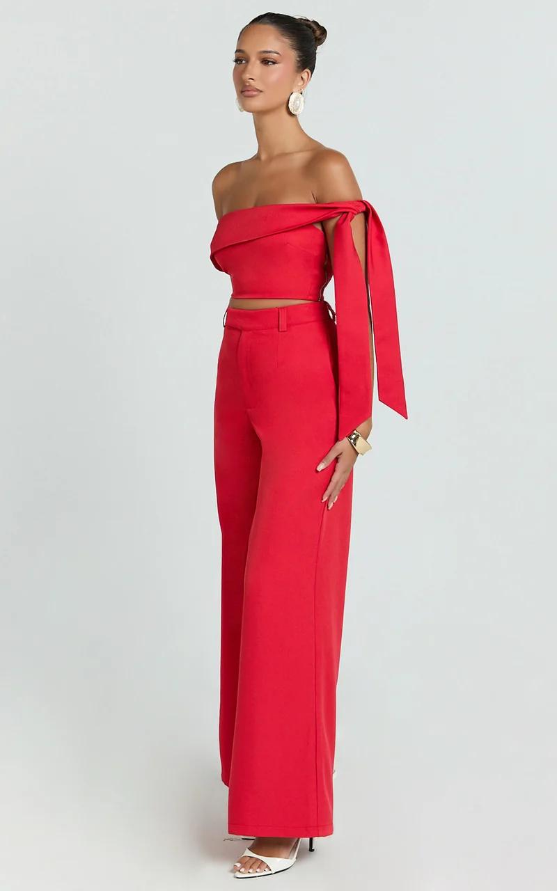 Lily Two Piece Set - Off Shoulder Tie Detail Top and Tailored Pant Set in Red