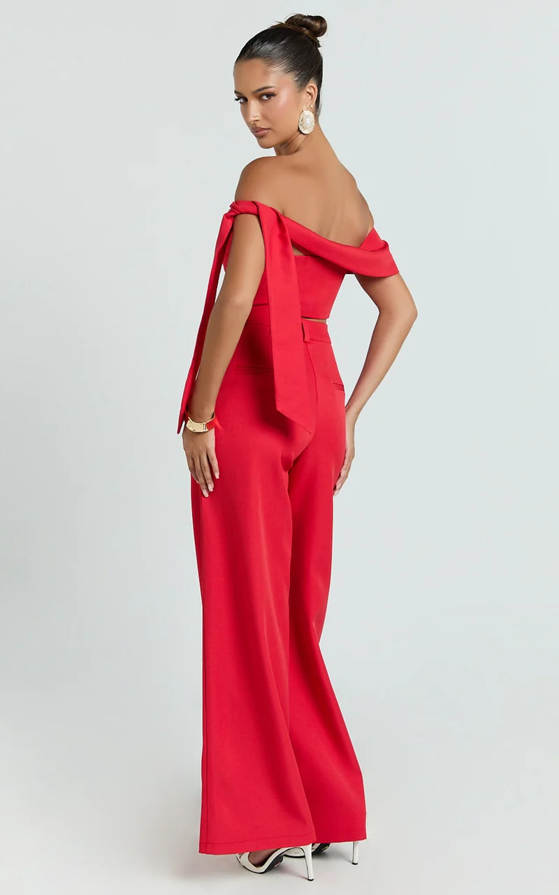 Lily Two Piece Set - Off Shoulder Tie Detail Top and Tailored Pant Set in Red