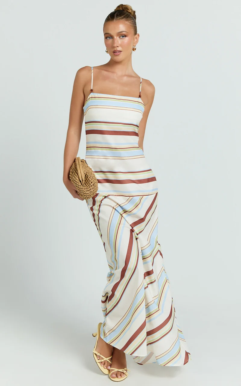 Yurika Maxi Dress - Square Neck Stripe Print Slip Dress in Choco Retro Stripe