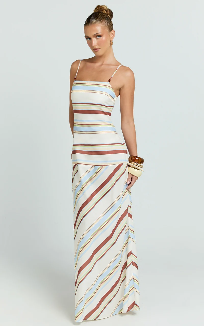 Yurika Maxi Dress - Square Neck Stripe Print Slip Dress in Choco Retro Stripe