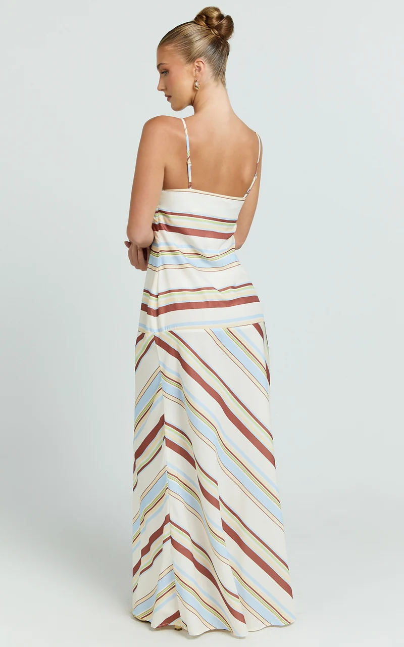Yurika Maxi Dress - Square Neck Stripe Print Slip Dress in Choco Retro Stripe