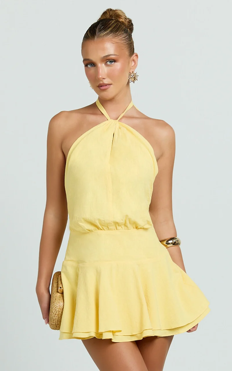 Violetta Mini Dress - Halter Neck Dropped Waist Fit and Flare Dress in Lemon