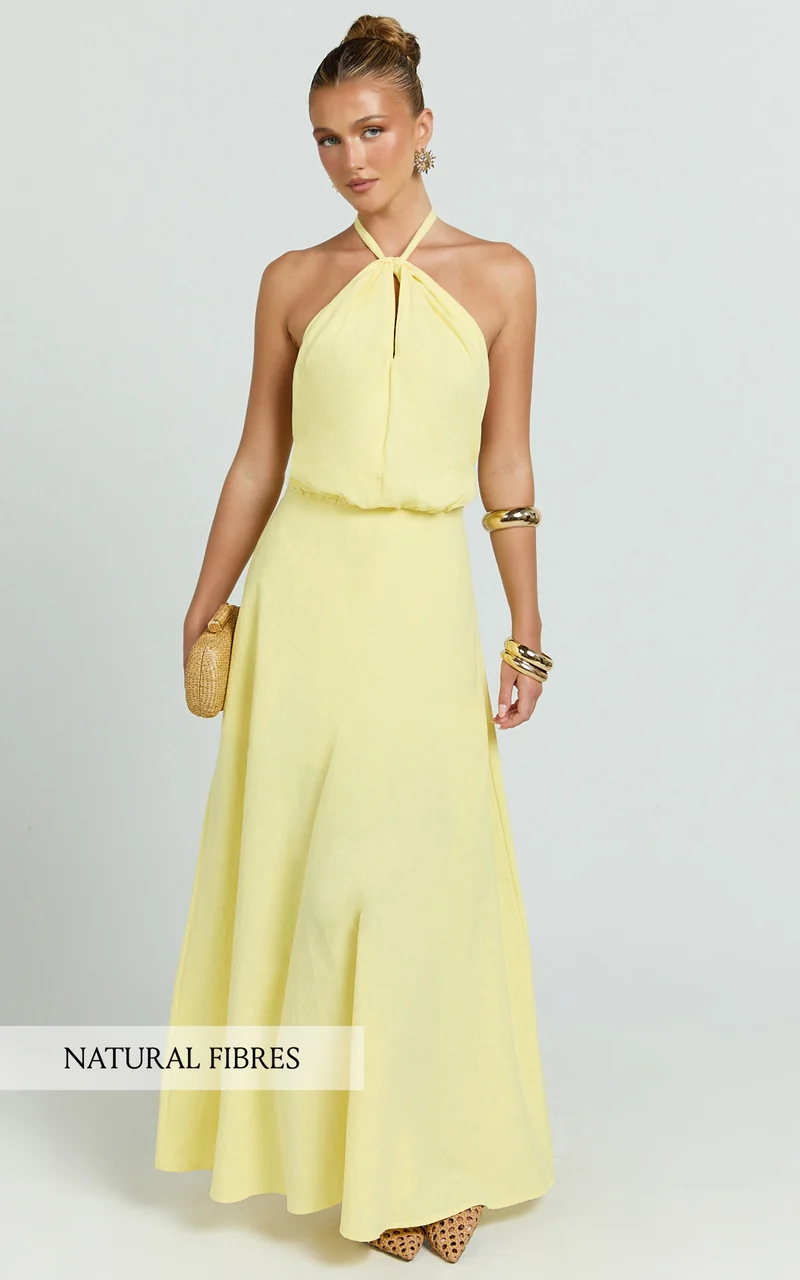 Violetta Maxi Dress - Backless Linen Look Hater Neck Dress in Lemon