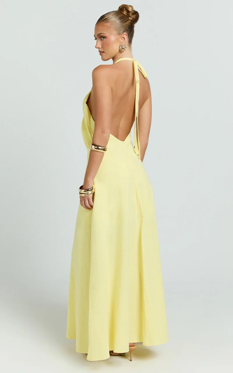Violetta Maxi Dress - Backless Linen Look Hater Neck Dress in Lemon
