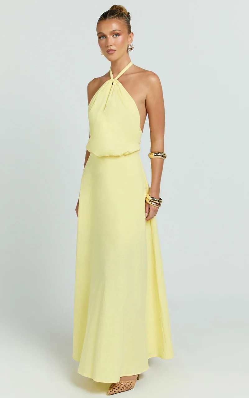 Violetta Maxi Dress - Backless Linen Look Hater Neck Dress in Lemon