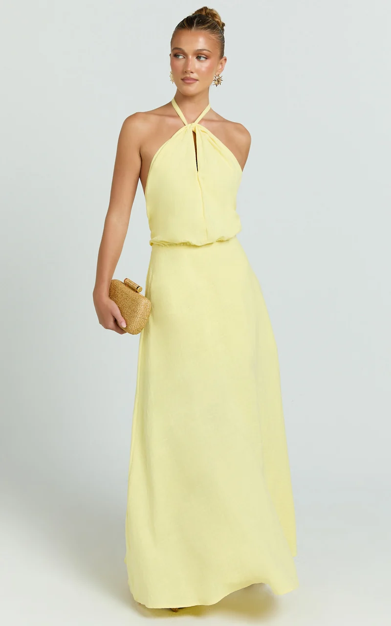 Violetta Maxi Dress - Backless Linen Look Hater Neck Dress in Lemon