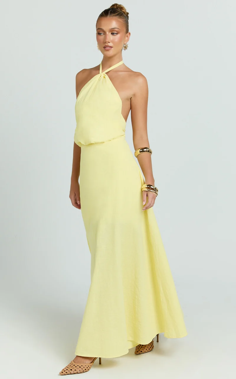 Violetta Maxi Dress - Backless Linen Look Hater Neck Dress in Lemon