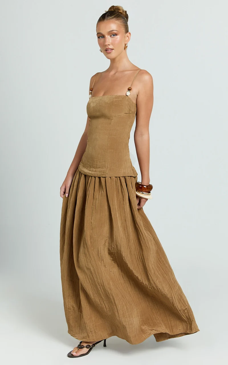 Edie Maxi Dress - Straight Neck Gathered Drop Waist Dress in Brown