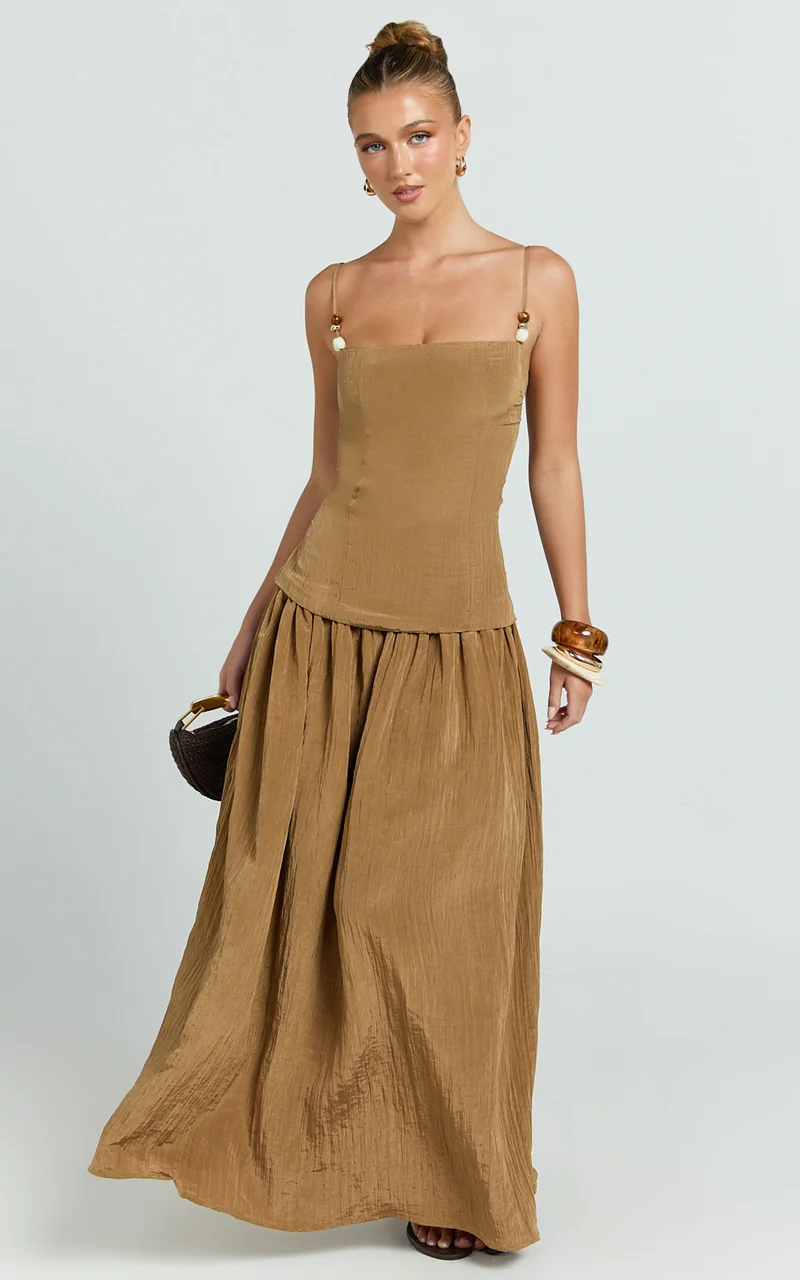Edie Maxi Dress - Straight Neck Gathered Drop Waist Dress in Brown