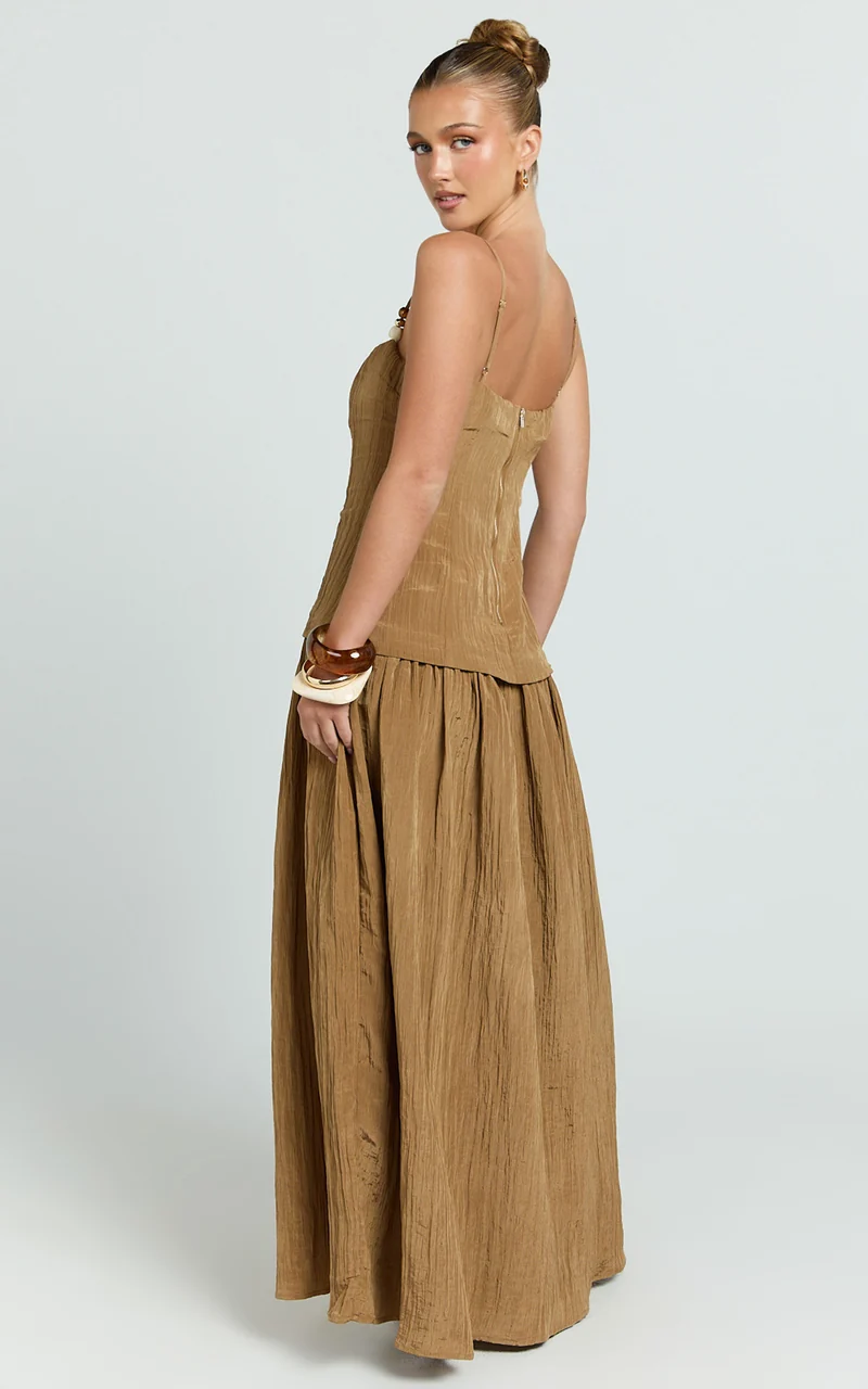 Edie Maxi Dress - Straight Neck Gathered Drop Waist Dress in Brown