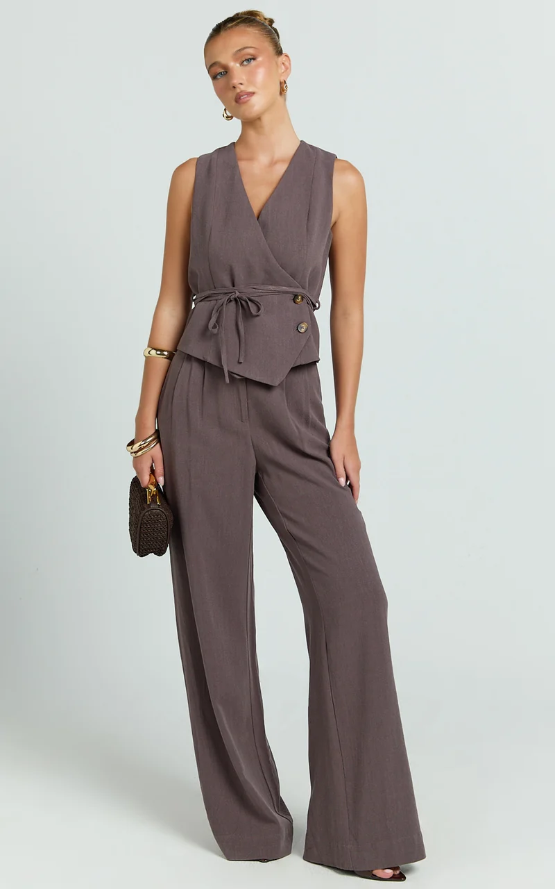 Lorde Top - V Neck Vest Top With Tie Waist in Mushroom