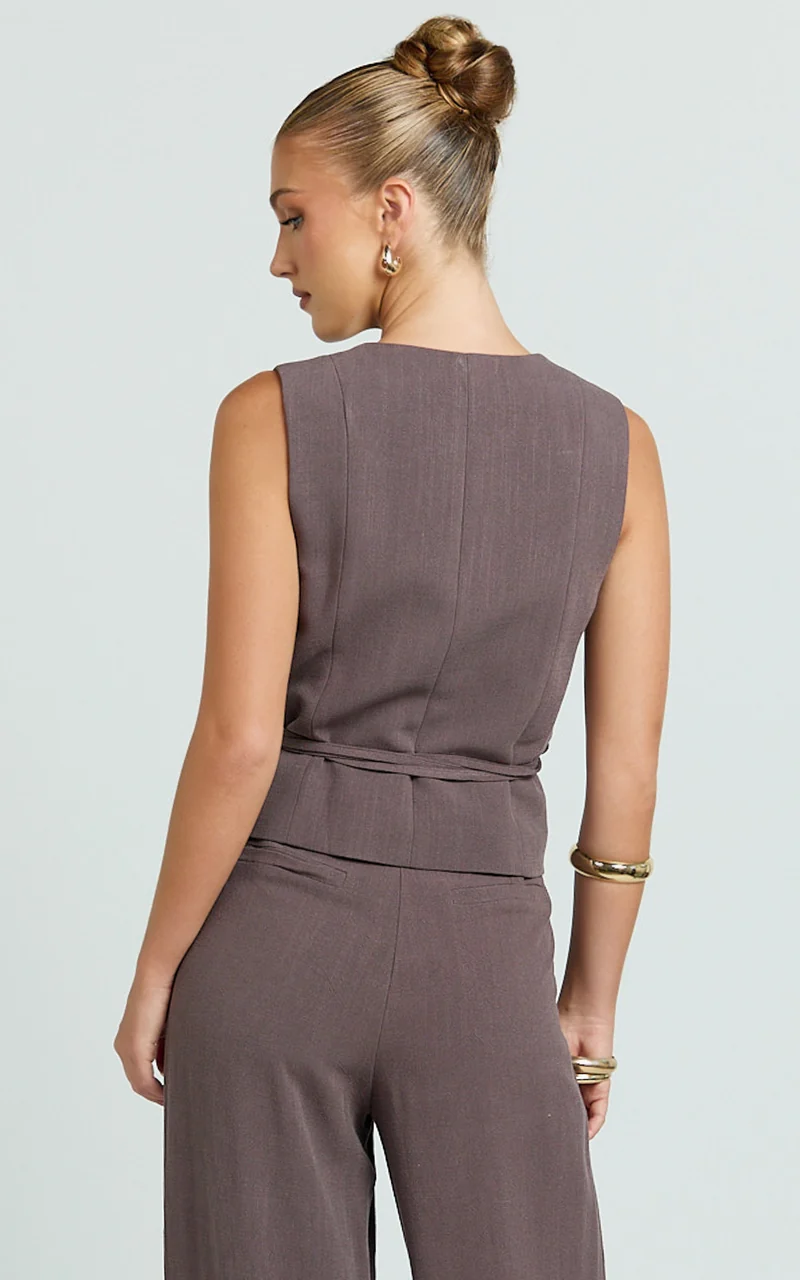 Lorde Top - V Neck Vest Top With Tie Waist in Mushroom