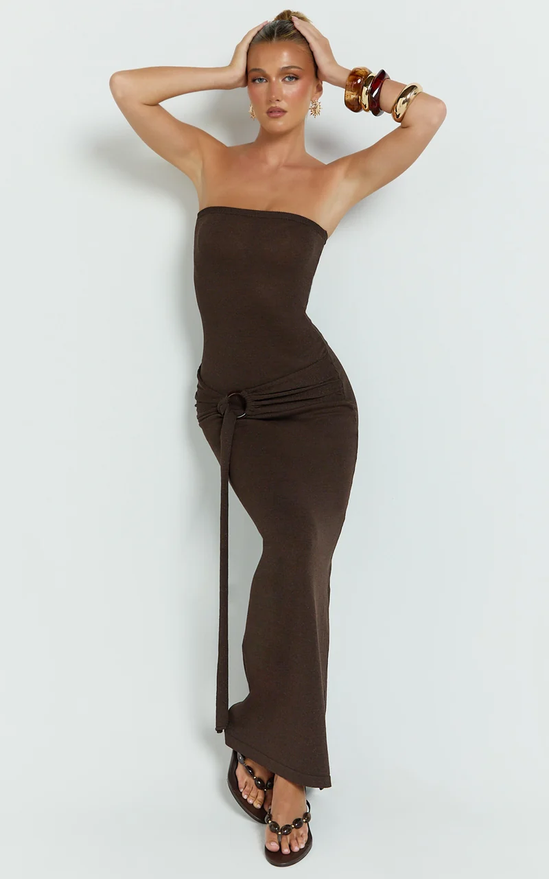 Viviana Maxi Dress - Knit Strapless Tie Waist Maxi Dress in Chocolate