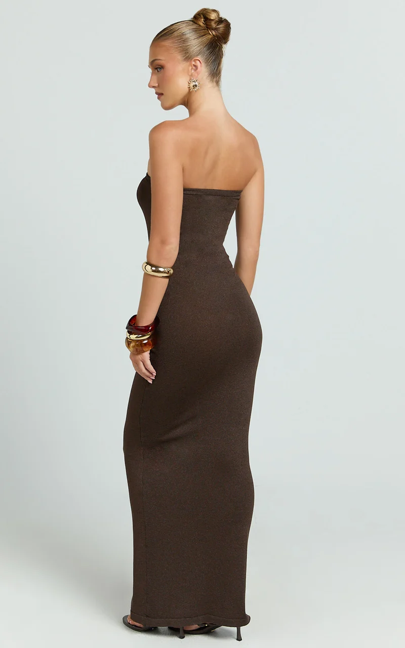 Viviana Maxi Dress - Knit Strapless Tie Waist Maxi Dress in Chocolate