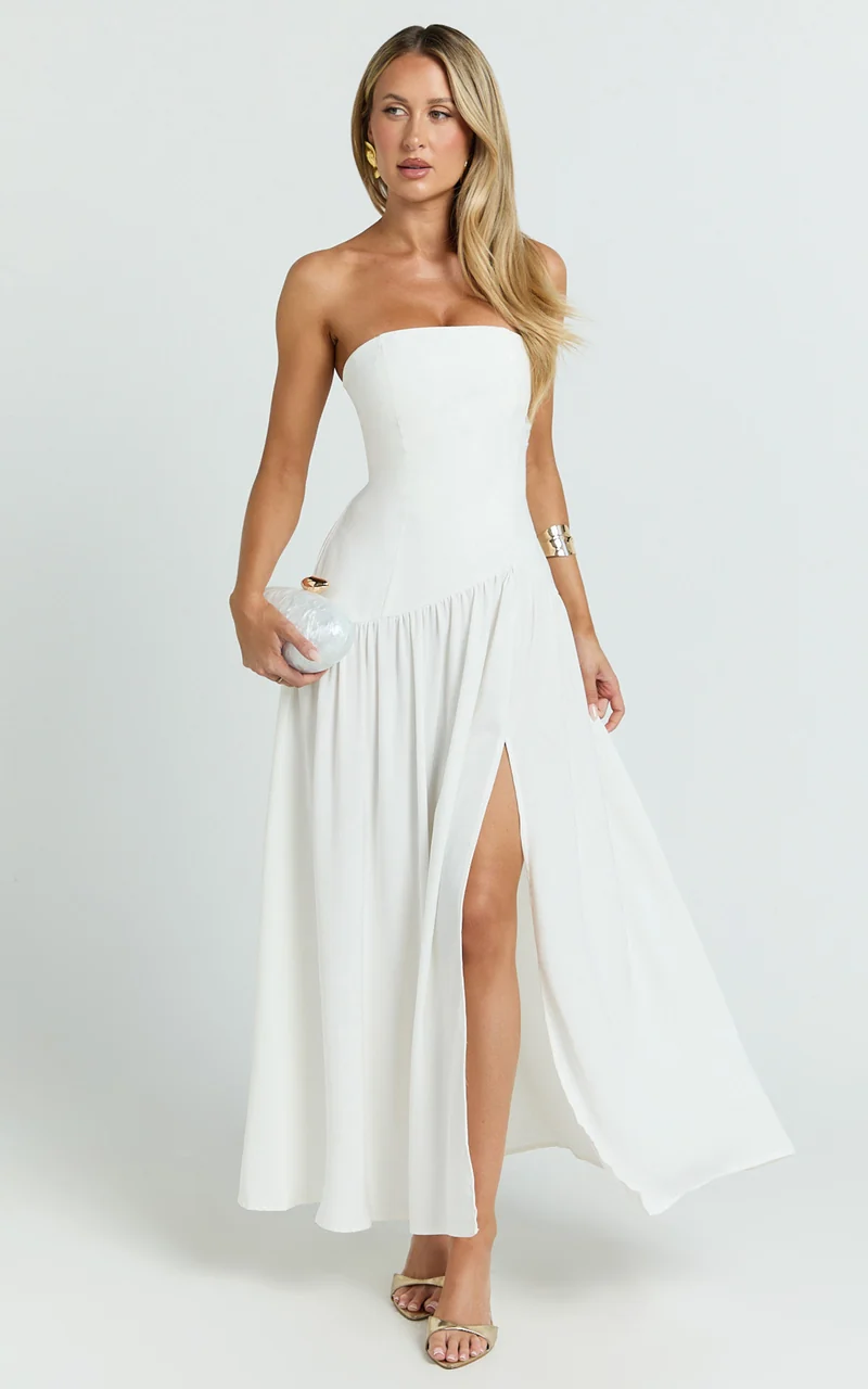 Nadiane Midi Dress - Strapless Asymmetric Drop Waist Dress in Off White
