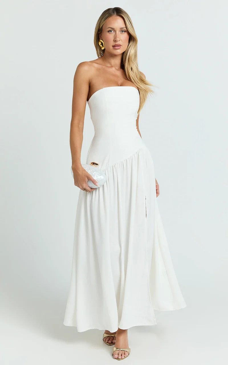 Nadiane Midi Dress - Strapless Asymmetric Drop Waist Dress in Off White