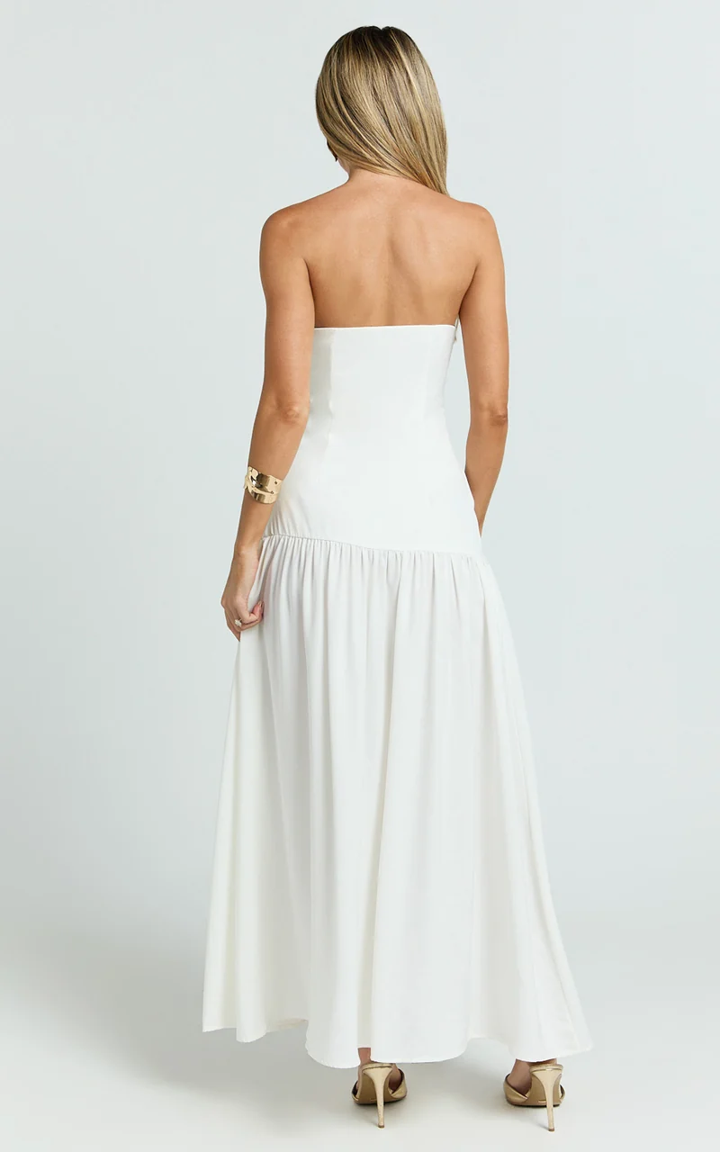 Nadiane Midi Dress - Strapless Asymmetric Drop Waist Dress in Off White
