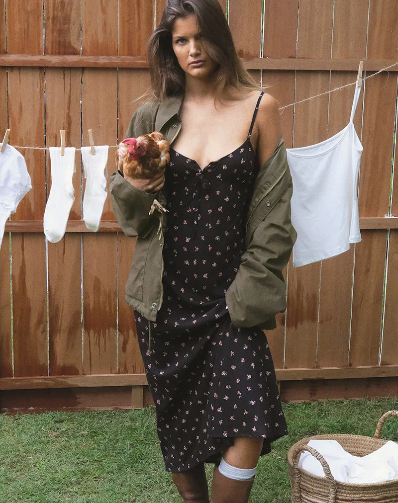 Robe longue Posine noire à petits motifs de roses rouges
