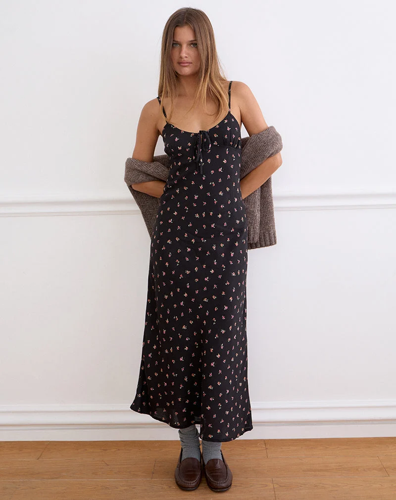 Robe longue Posine noire à petits motifs de roses rouges