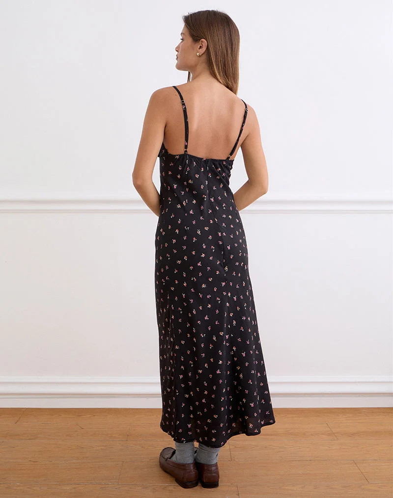 Robe longue Posine noire à petits motifs de roses rouges