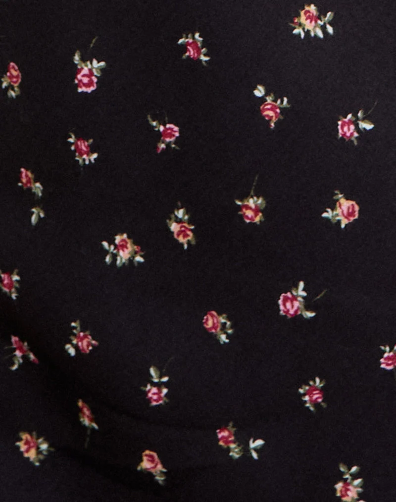 Robe longue Posine noire à petits motifs de roses rouges