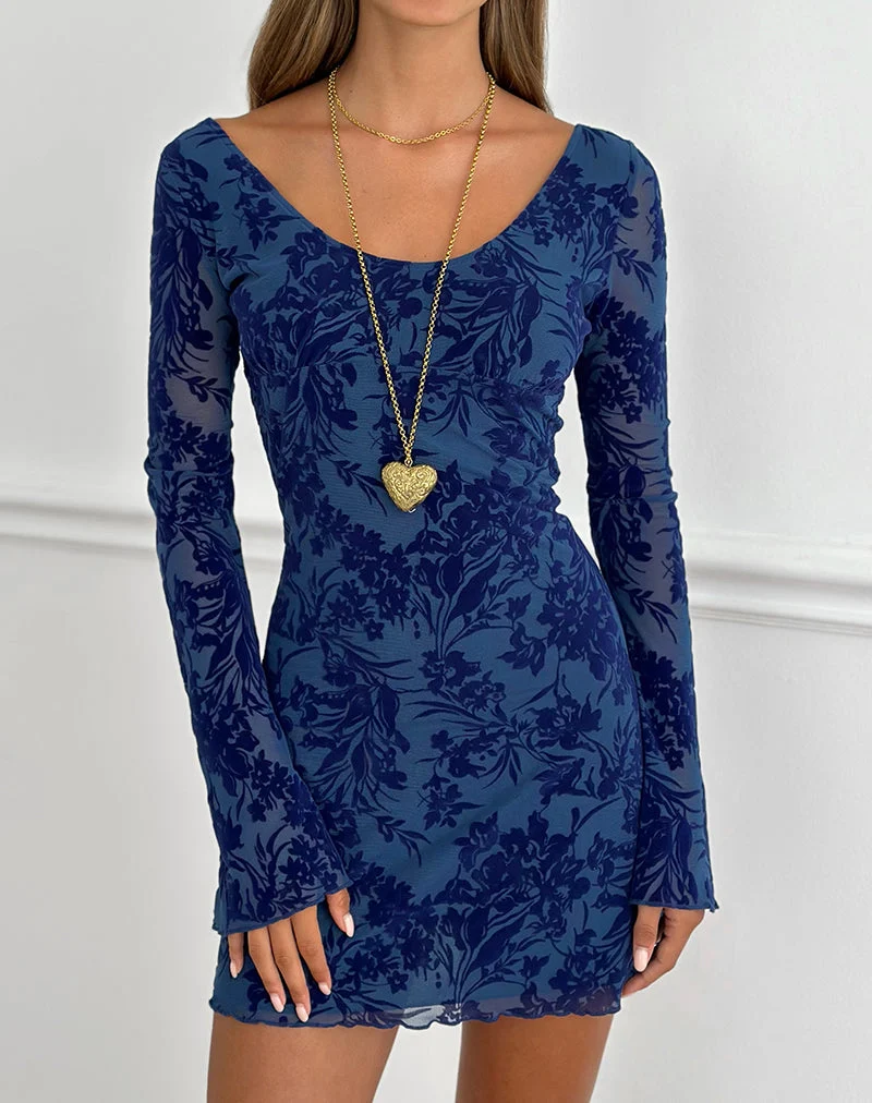 Mini-robe Bindara bleu marine avec motif « Midnight Leaf Flock »