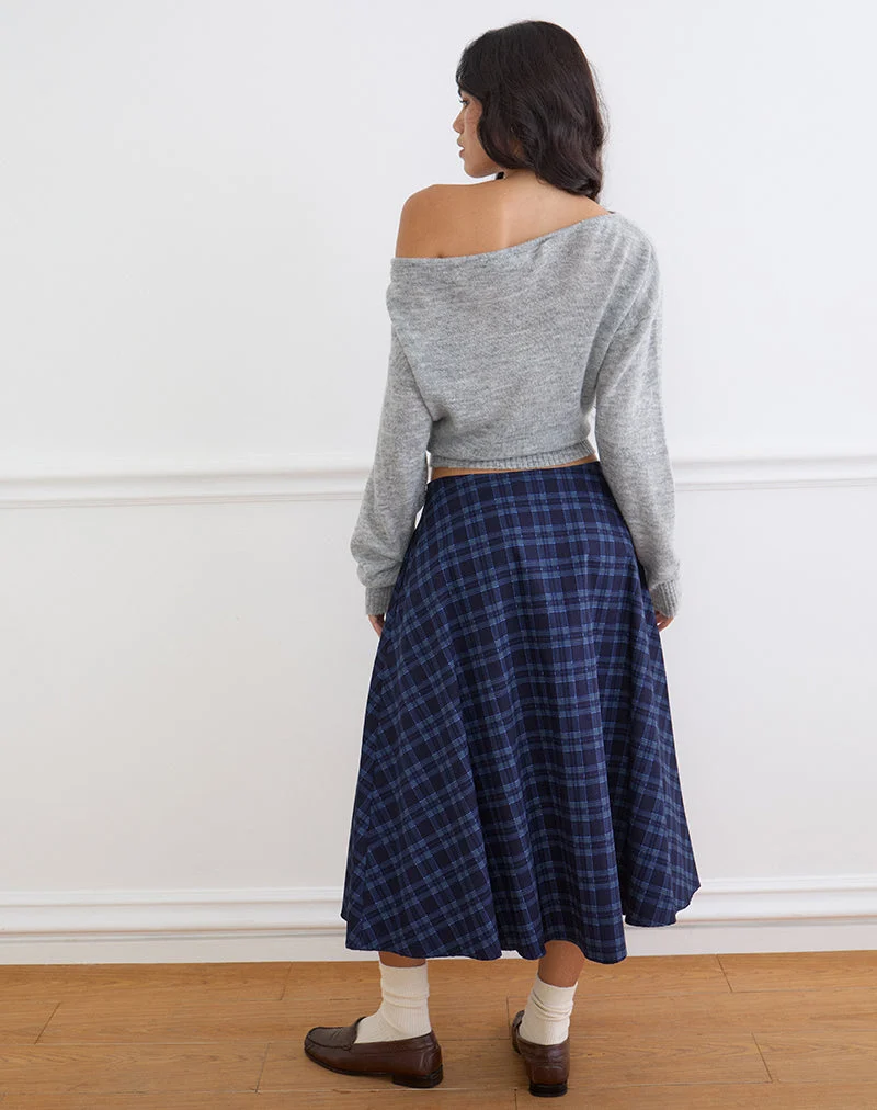 Jupe midi Takika à carreaux bleu nuit