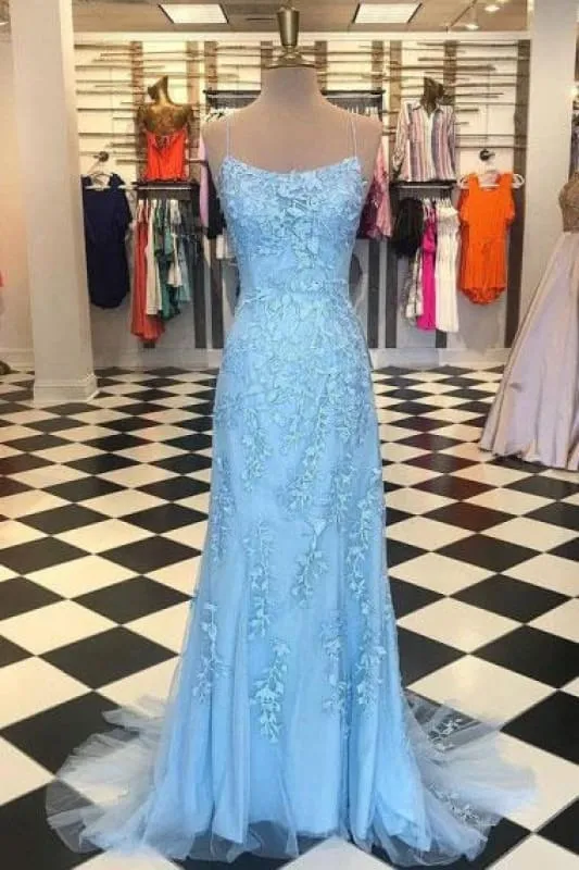 Robe de bal sirène bleu clair avec dentelle et bretelles spaghetti