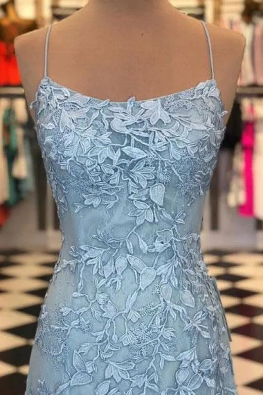 Robe de bal sirène bleu clair avec dentelle et bretelles spaghetti