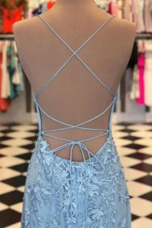 Robe de bal sirène bleu clair avec dentelle et bretelles spaghetti