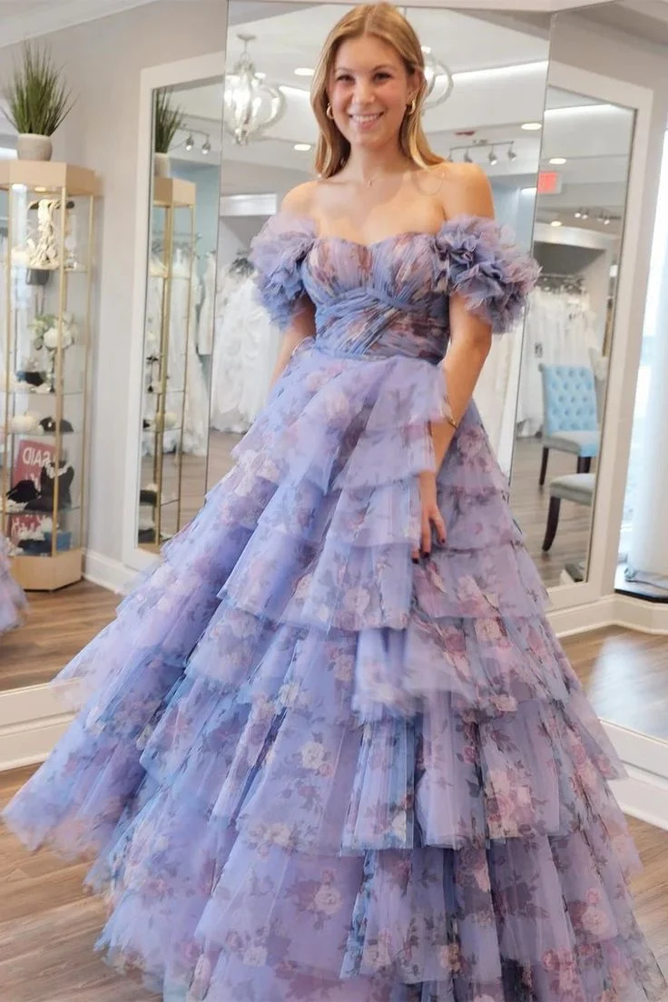 Robe de bal longue à volants et manches flottantes, élégante et imprimée