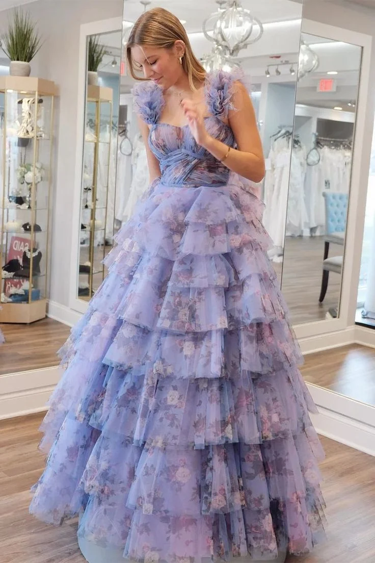 Robe de bal longue à volants et manches flottantes, élégante et imprimée