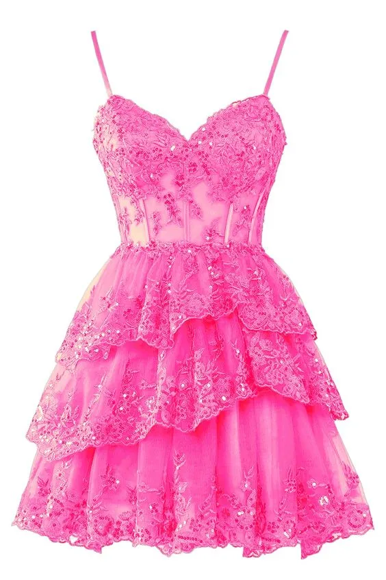 Robe de soirée courte en tulle et dentelle à bretelles spaghetti