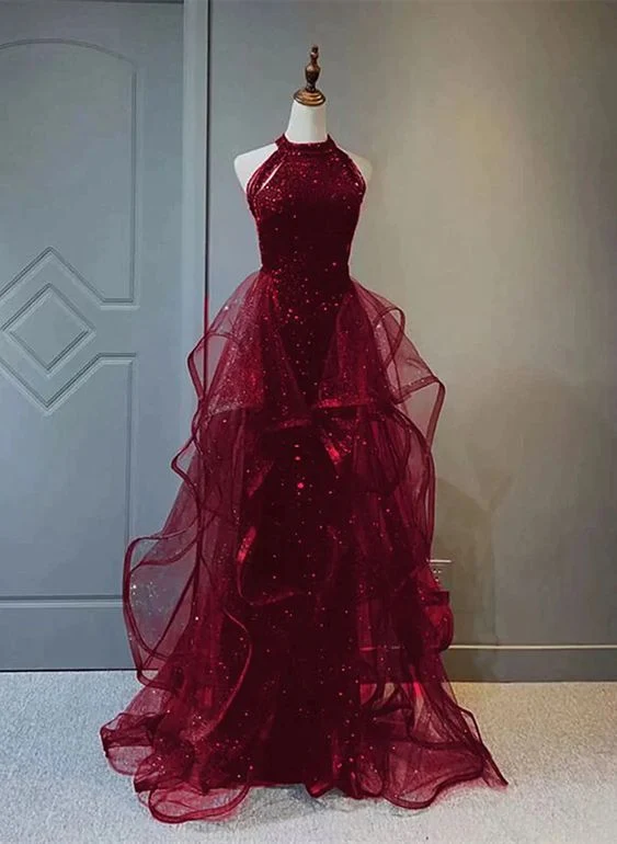 Robe de soirée longue en tulle rouge vin à paillettes et dos nu