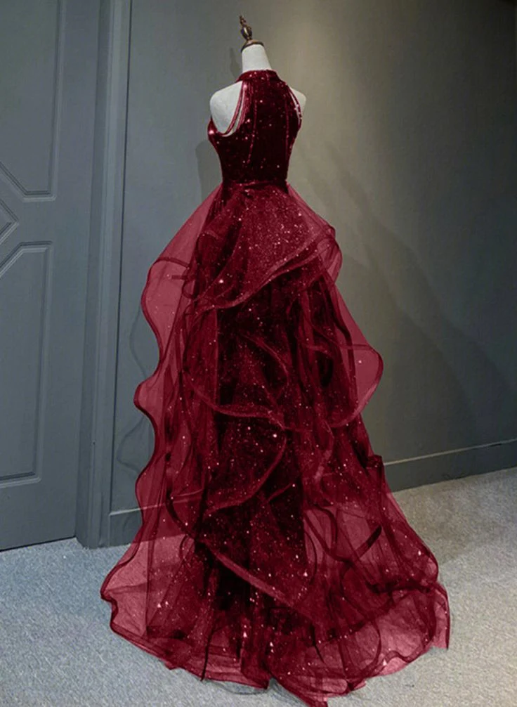 Robe de soirée longue en tulle rouge vin à paillettes et dos nu