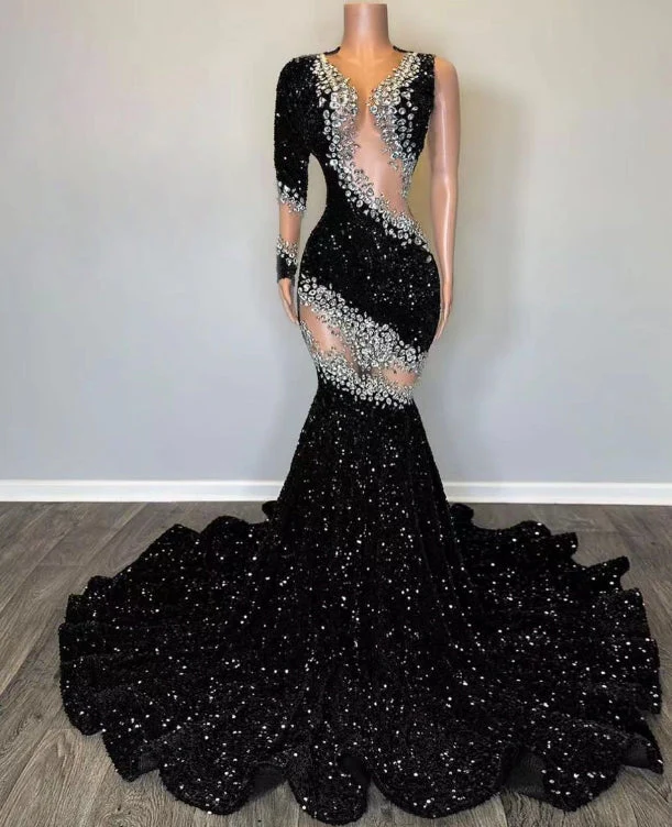 Robes de bal à une épaule pailletées pour soirées formelles noires scintillantes