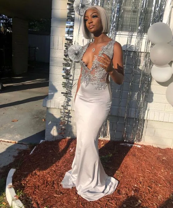 Robe de bal sirène grise, longue robe de soirée en satin